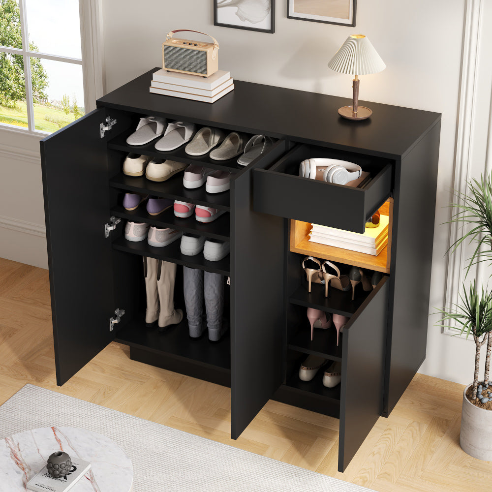 Schoenenkast – Schoenenrek – Schoenenopberger – Schoenenbank – Opbergkast – Zwart – Verstelbare Planken – Lade – Ruimtebesparend – Geschikt voor 14-18 Paar Schoenen