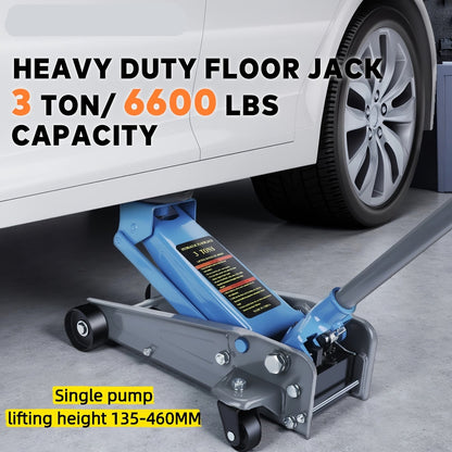 Hydraulische Trolley Jack – Wagenkrik – Autokrik – Garagekrik – Heflift – 3 Ton Draagkracht – Hefhoogte 135-460 mm – Staal Zonder Rubber Afdichting – Blauw
