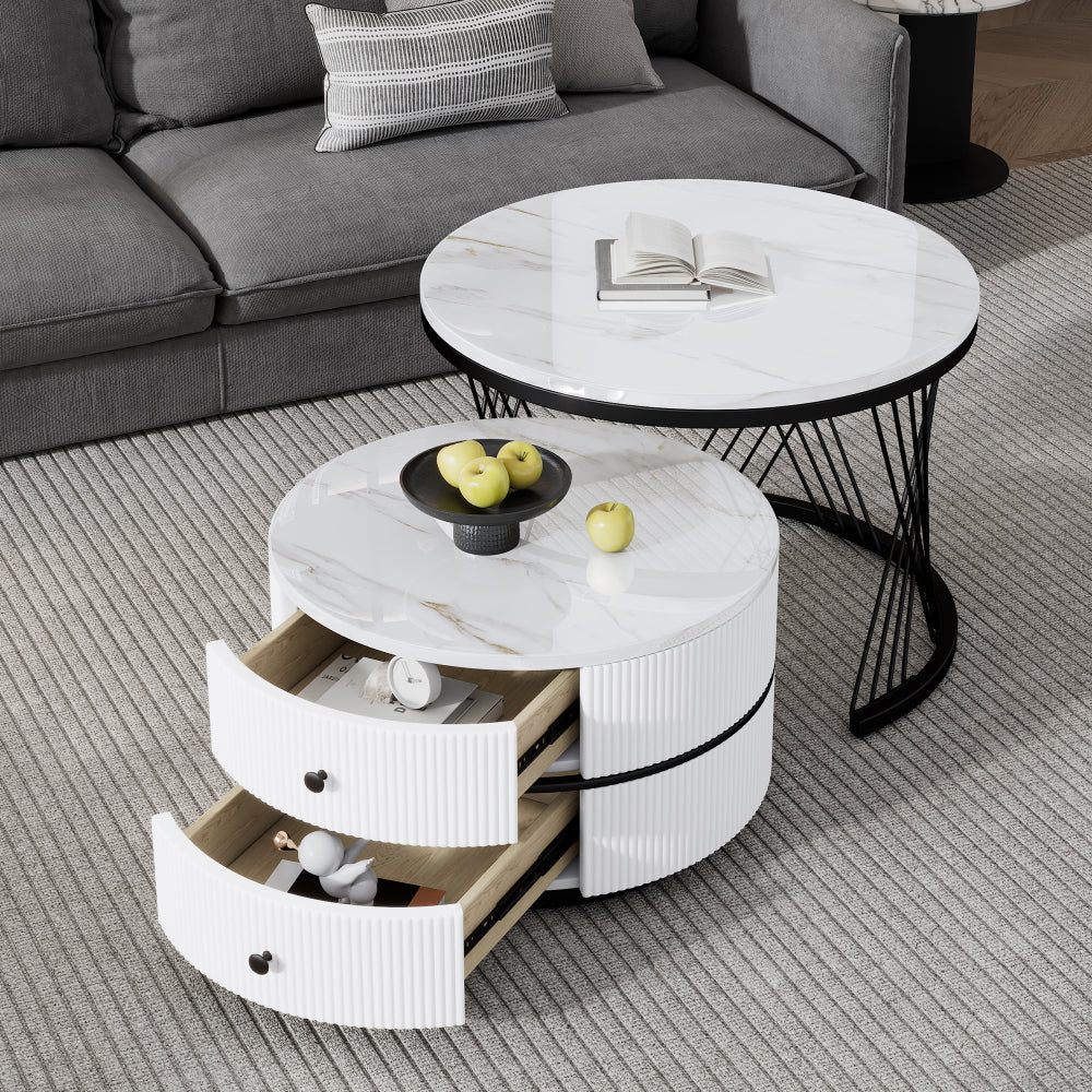 Salontafel – Koffietafel – Bijzettafel – Nesting Tafel – Opbergtafel – Nestbare Set Met Twee Lades – Metalen Frame – Rond Tafelblad – Moderne Design – Ruimtebesparend