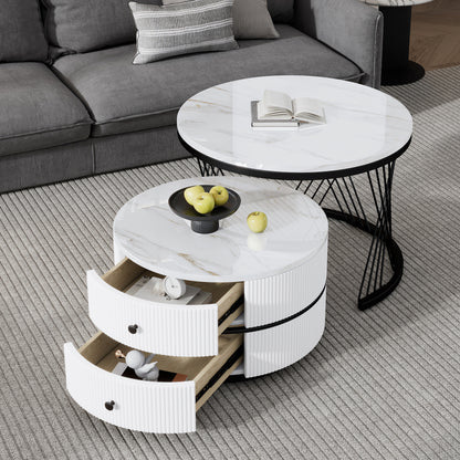 Salontafel – Koffietafel – Bijzettafel – Nesting Tafel – Opbergtafel – Nestbare Set Met Twee Lades – Metalen Frame – Rond Tafelblad – Moderne Design – Ruimtebesparend