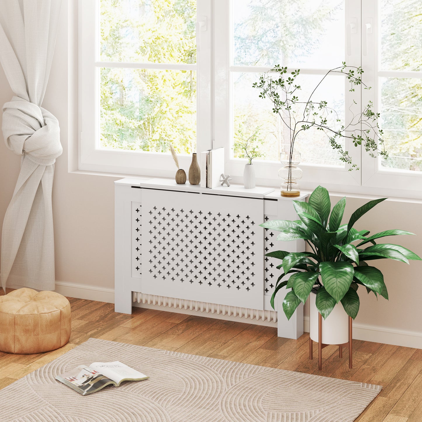 Radiatorombouw – Radiatorbekleding – Radiatorafdekking – Verwarmingsombouw – Radiatoromkasting – Verstelbaar 136-200 cm – MDF Wit met Honingraatpatroon