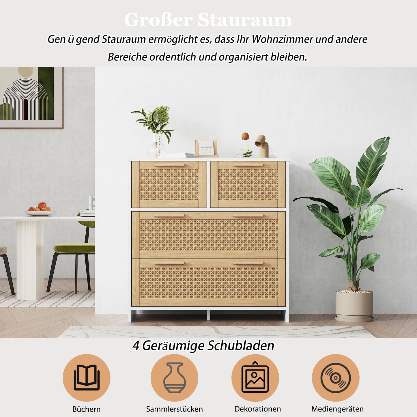 Opbergkast – Dressoir – Ladekast – Kast – Rattan Kast – 4 Grote Laden – Natuurlijk Wit Hout