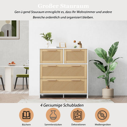 Opbergkast – Dressoir – Ladekast – Kast – Rattan Kast – 4 Grote Laden – Natuurlijk Wit Hout
