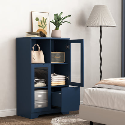 Kledingkast – Garderobekast – Opbergkast – Dressoir – Wandkast – Blauw Lacquered MDF – Glazen Deuren & Laden – Compact Minder Dan 70 cm Hoog