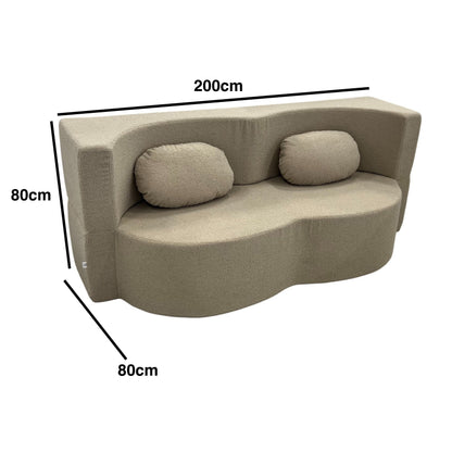 Slaapbank – Bedbank – Slaapcorner – Logeerbank – Bankbed – Beige Boucle Stof – 40 cm Memory Foam Matras – Inclusief Kinderzitkussens