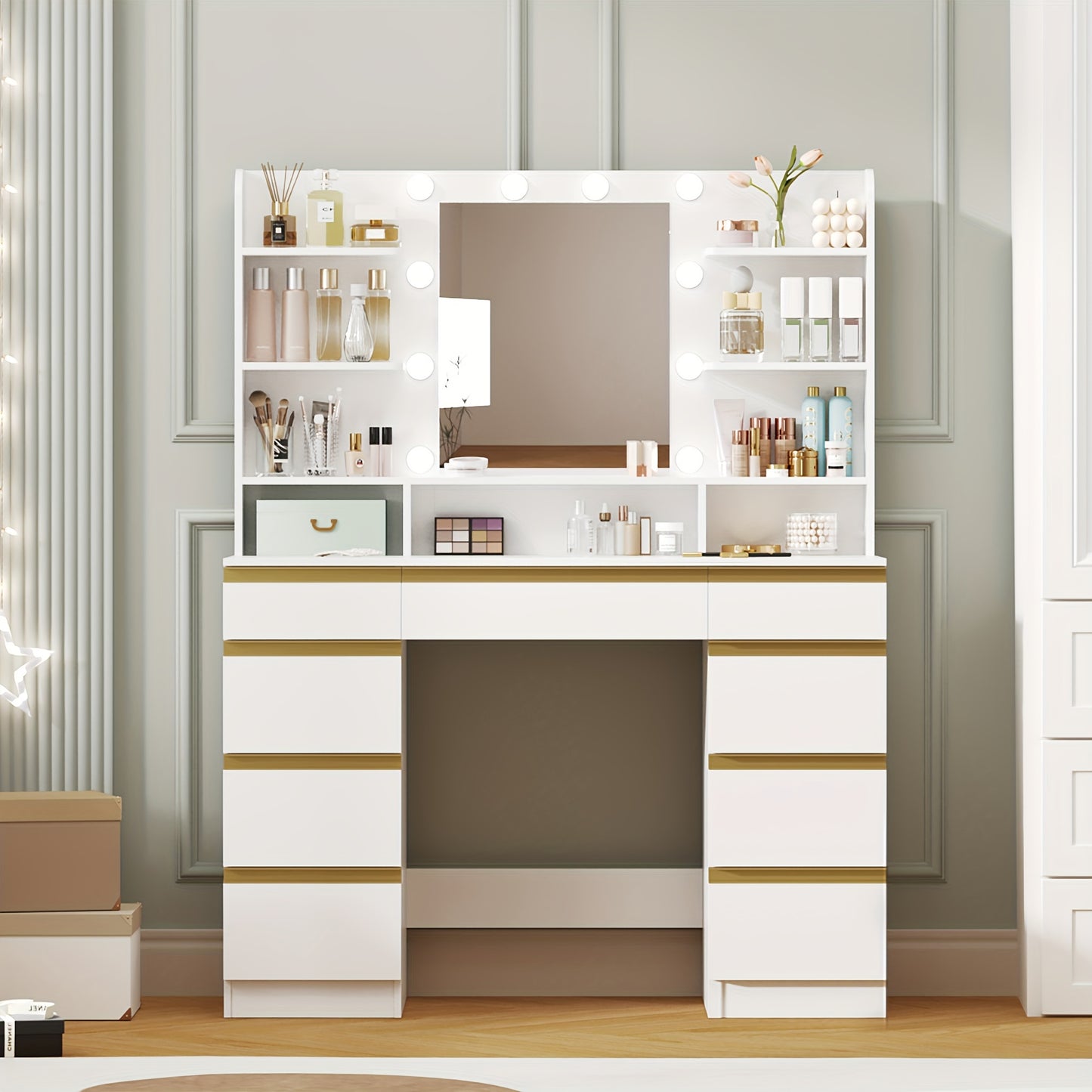 Make-up Tafel – Kaptafel – Visagie Tafel – Beauty Tafel – Make-up Bureau – Met 10 LED Lichtbollen – Grote HD Spiegel – Wit – Veel Opbergruimte – Instelbare Helderheid