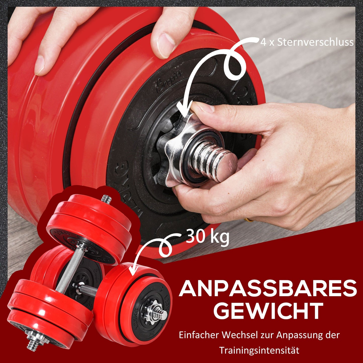Verstelbare Dumbbell Set – Dumbbells – Halters – Gewichten – Krachttraining – 20-30 kg Verstelbaar – 2-in-1 Dumbbell en Halter – Rood/Zwart – Staal en Kunststof – Compact 21,5x21,5x3,8 cm