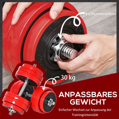 Verstelbare Dumbbell Set – Dumbbells – Halters – Gewichten – Krachttraining – 20-30 kg Verstelbaar – 2-in-1 Dumbbell en Halter – Rood/Zwart – Staal en Kunststof – Compact 21,5x21,5x3,8 cm