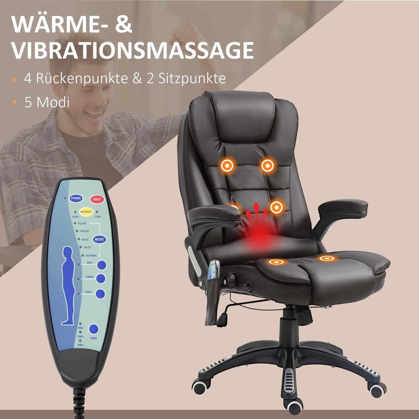 Ergonomische Bureaustoel – Bureaustoel Met Massage – Draaistoel – Bureaustoel Met Verwarming – Kantoorstoel – Hoogte Verstelbaar – Bruin Kunstleer
