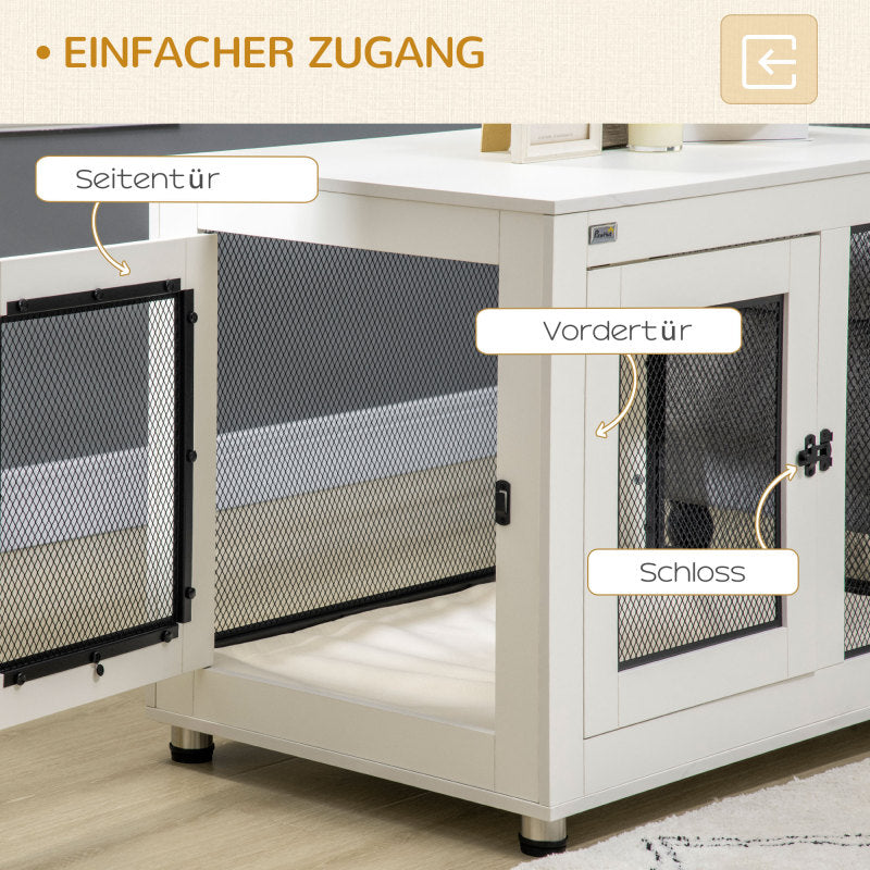 Hondenbench – Hondenkooi – Hondenhok – Hondenbench Met Tafelblad – Hondentafel – Wit/Zwart – Met Zacht Kussen – 2 Deuren – 94 x 60 x 71,5 cm