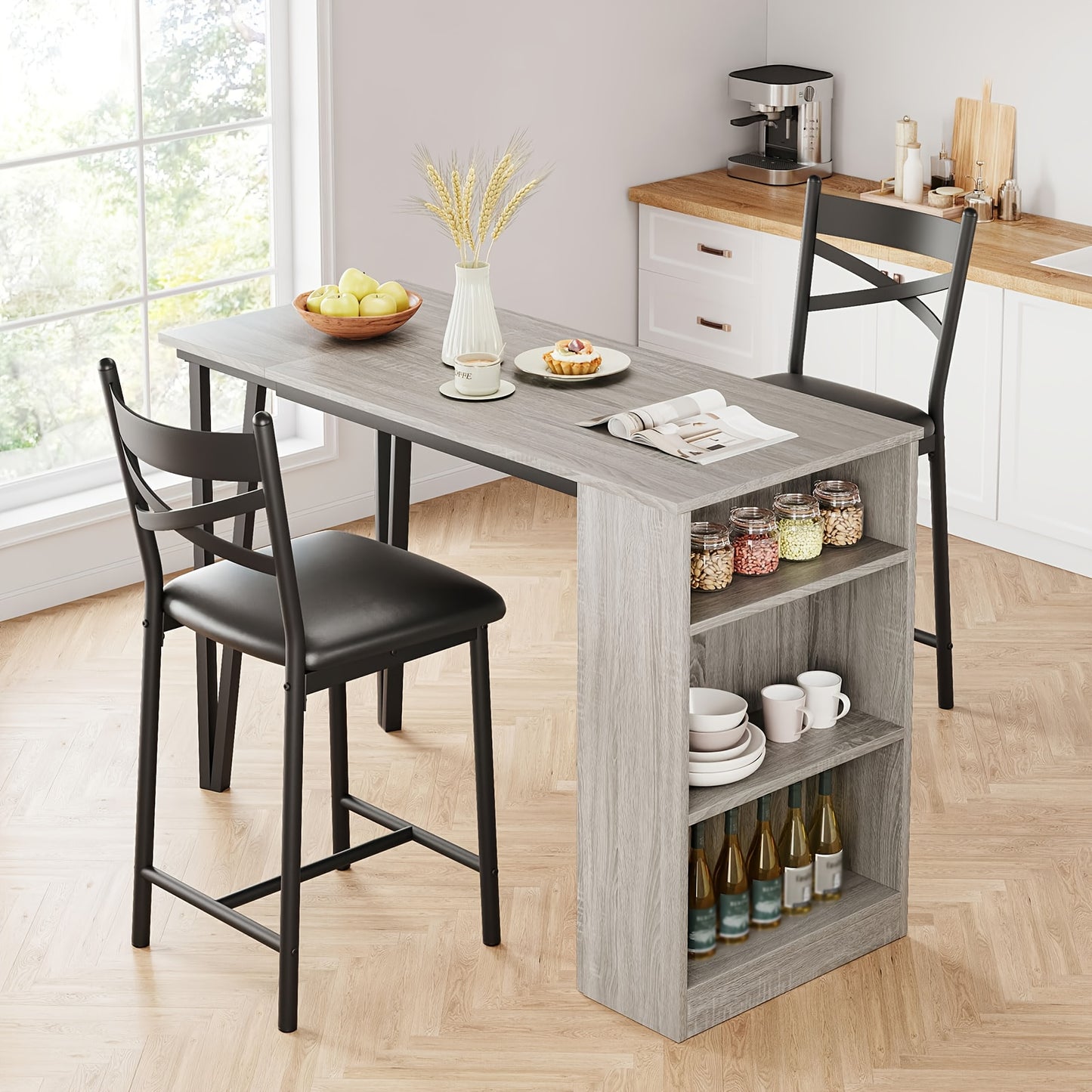 3-delige Bar Tafel Set – Bartafel Set – Barmeubel – Bistrotafel – Eettafel Compact – Opklapbaar Tafelblad – Met Opbergruimte – Grijs – Ruimtebesparend – Stevig Houten Ontwerp