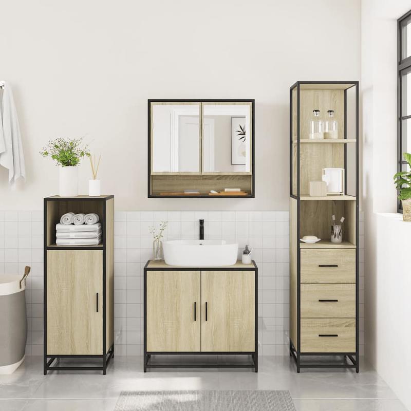 Badkamermeubelset – Badkamerkast – Wastafelkast – Ladekast – Spiegel – Variant Braun – Sonoma Eikenhout – Compact & Duurzaam
