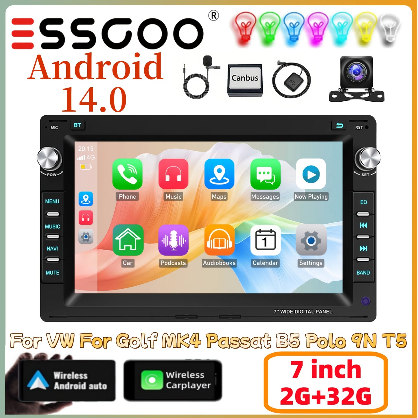 Android 14 Autostereo – Autoradio – Multimedia Speler – Navigatiesysteem – Touchscreen Radio – 7 Inch HD Scherm – Wireless Android Auto & CarPlay – Inclusief Achteruitrijcamera en Installatie Accessoires