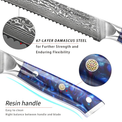 Damast Messen – Koksmes – Santokumes – Broodmes – Schilmes – VG10 Damaststaal – Ergonomische Oranje Resin Handvatten