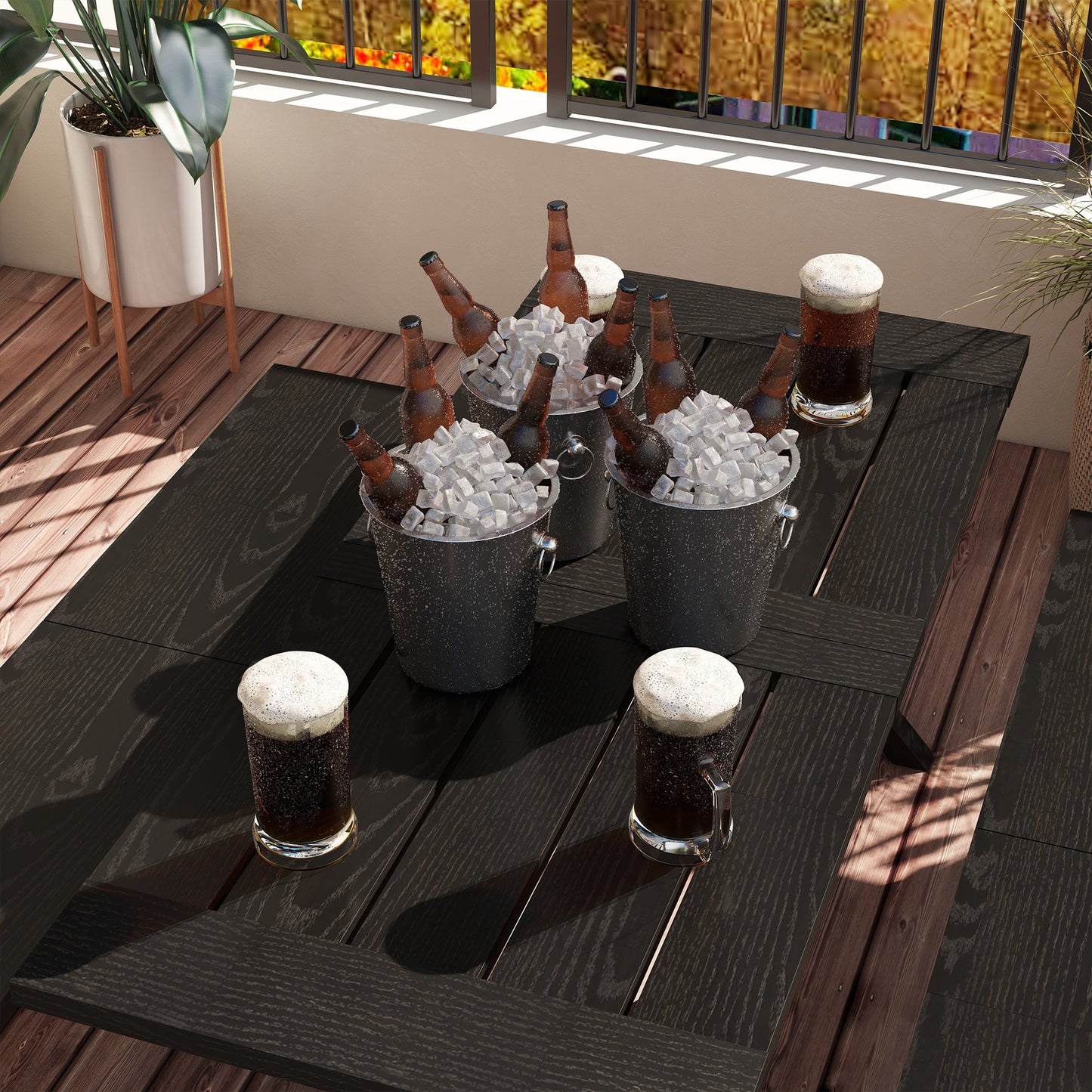 Picknicktafel – Bierbank – Tuinset – Tafel met Bankjes – Aluminium Tafelblad – Stalen Banken – Parasolgat – Weerbestendig – 180x80x73 cm – Zwart