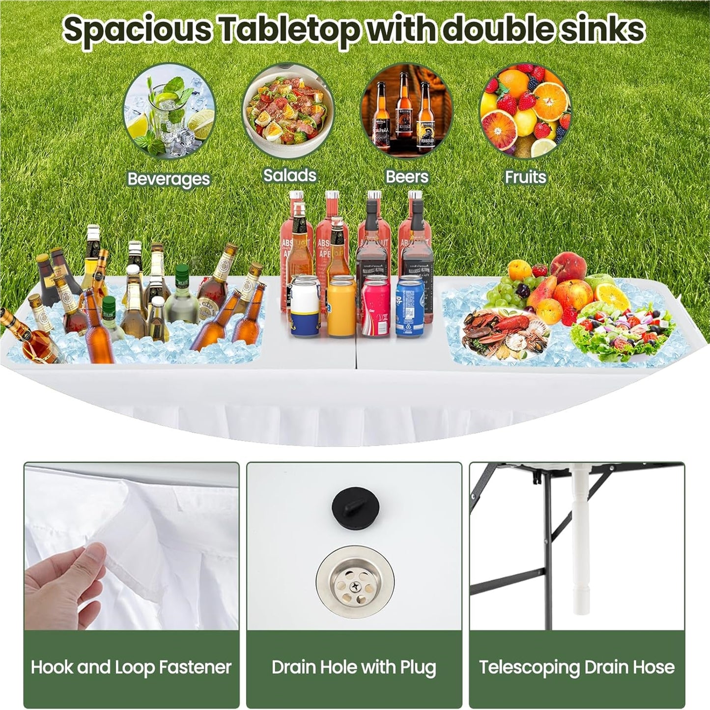Koeltafel – Campingtafel – Picknicktafel – Vouwtafel – Tuinbar – Dubbele Waskommen – Inklapbaar – Stevig HDPE Metalen Frame – 150 cm – Maximaal 100 kg Draagvermogen