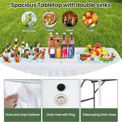Koeltafel – Campingtafel – Picknicktafel – Vouwtafel – Tuinbar – Dubbele Waskommen – Inklapbaar – Stevig HDPE Metalen Frame – 150 cm – Maximaal 100 kg Draagvermogen