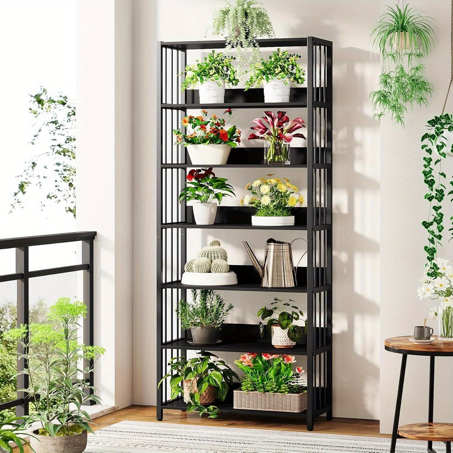 6-Lagens Boekenkast – Open Boekrek – Boekenplank – Opbergkast – Hoekboekenkast – Stijlvol Zwart Metaal & Hout – Draagkracht 136 kg – Ruimtebesparend Modern Design