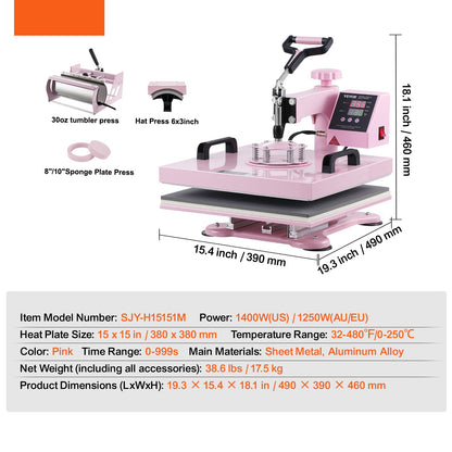 Warmtepers – Heat Transfer Machine – Persmachine – Transferpers – T-Shirt Pers – 5-in-1 Multifunctioneel – 15x15 Inch Verwarmingsplaat – Digitale Temperatuurregeling – Roze