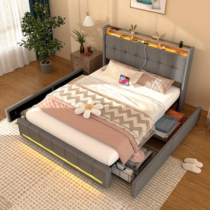 Modern RGB LED Smart Tweepersoonsbed 160x200 cm – 4 Lade-opslag & RGBW Kleurveranderend Hoofdeinde – Stevig MDF/Metaal, Plug-and-Play Montage