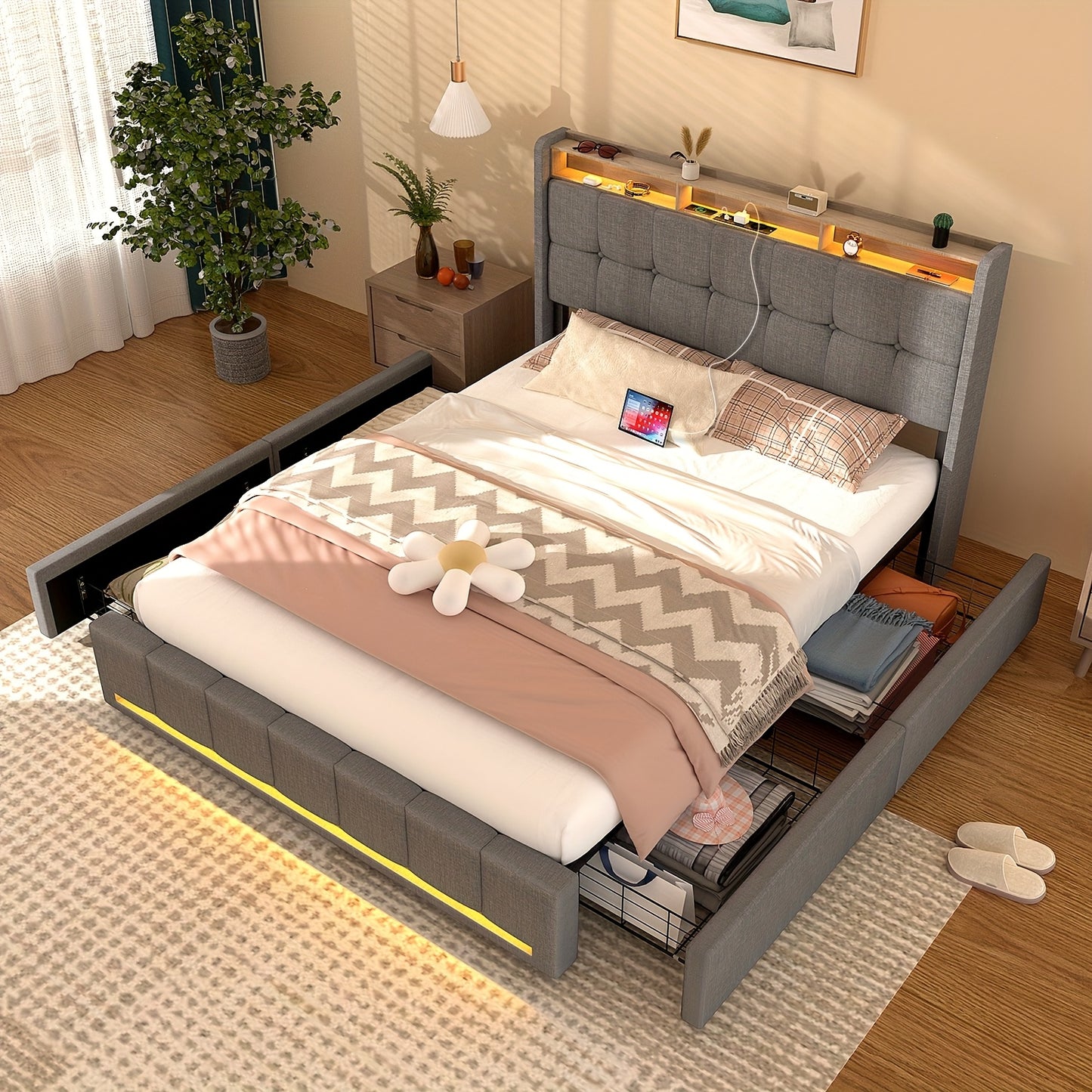 Opbergbed 90x200 cm – Opbergbedden – Ladebed – Bed met Opbergruimte – Slaapbank – Grijs Gestoffeerd – 4 Ruime Lades – Ingebouwd Oplaadstation