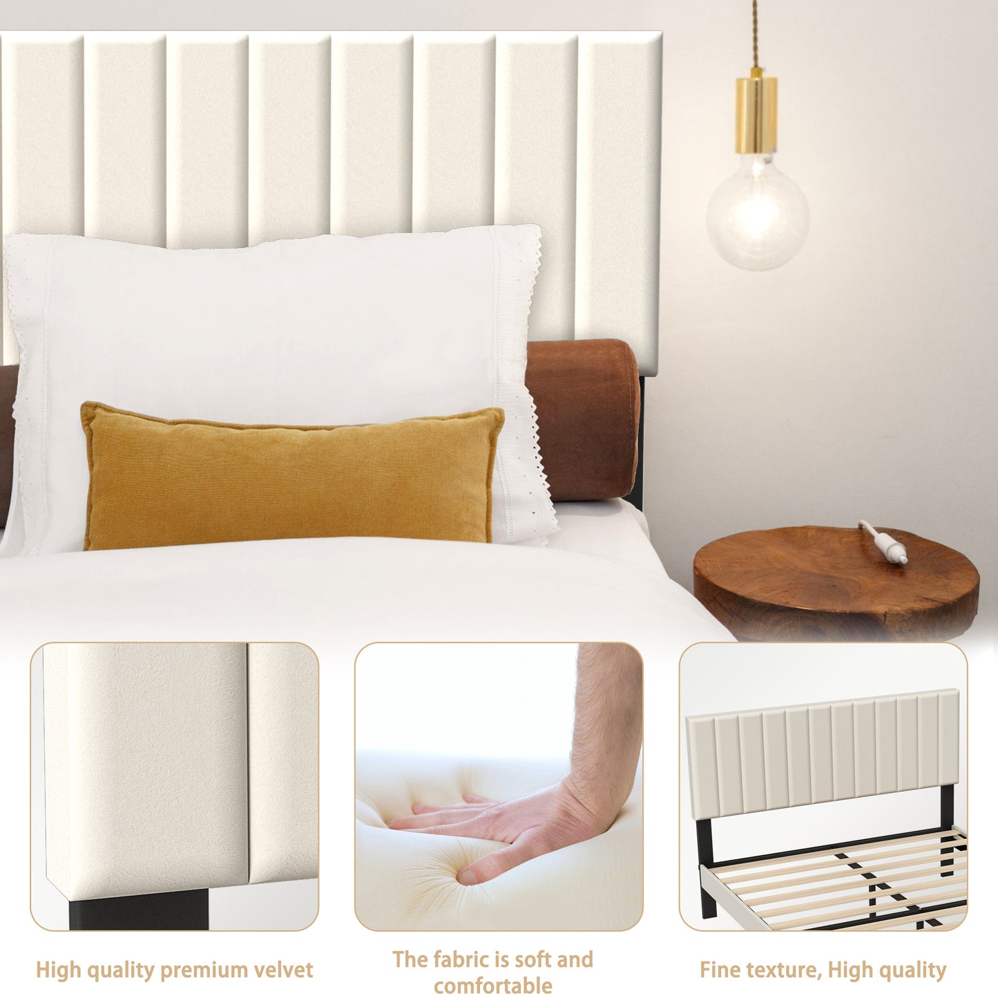 Bed Frame Guest Bed Metal Bed with Flannel Headboard & 12 Slatted Frame & Sponge Edging Modern Bed Frame Maximum Load Capacity 300 KG, for Bedroom Guest Room