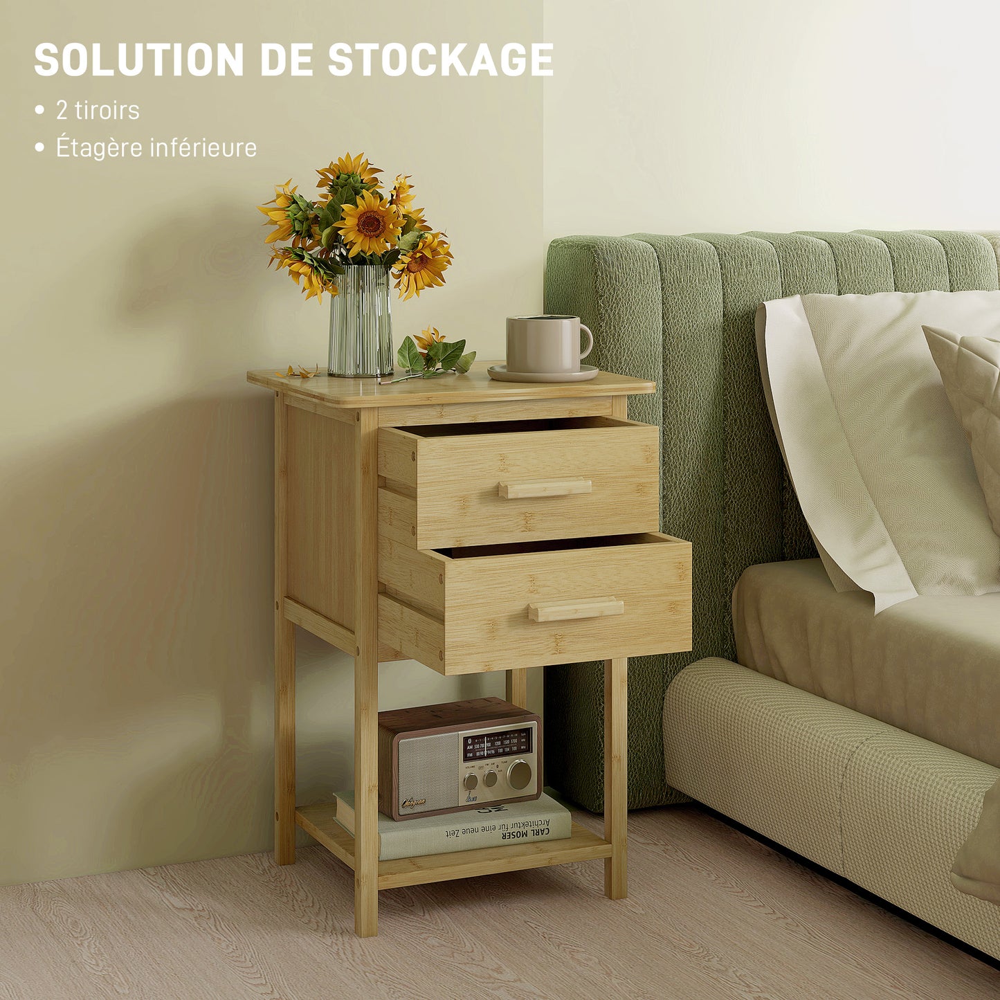 Nachtkastje – Bedtafeltje – Bijzettafeltje – Nachtkast – Opbergkastje – Bamboe – 2 Laden En 1 Plank – Scandinavisch Design – 40x34x60 cm – Natuurlijk Hout