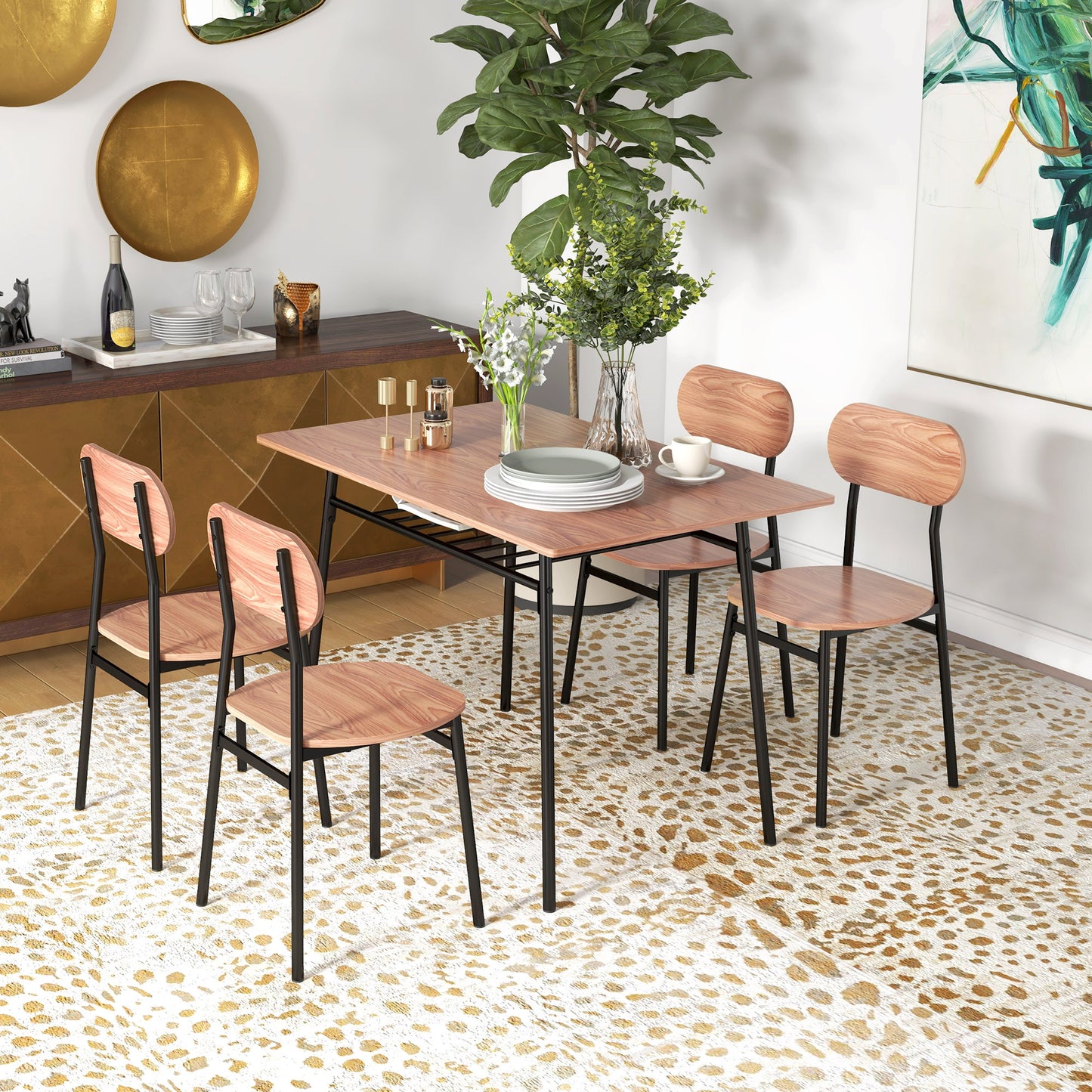 Eettafel Met Stoelen – Dining Set – Tafel En Stoelen – Industrieel Meubel – Bruin – Compact Formaat 110x70x75 CM – Robuust Metaal en Stevig Tafelblad