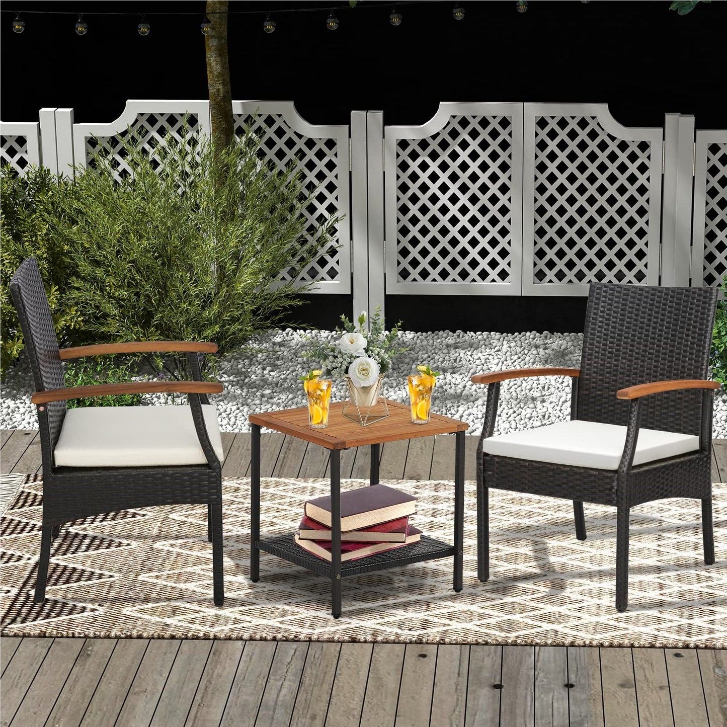 2-delige Rattan Stoel Set – Tuinstoel – Balkonstoel – Loungestoel – Terrasstoel – Poly Rattan Rugleuning – Houten Frame – Inclusief Zitkussen – Voor Buiten