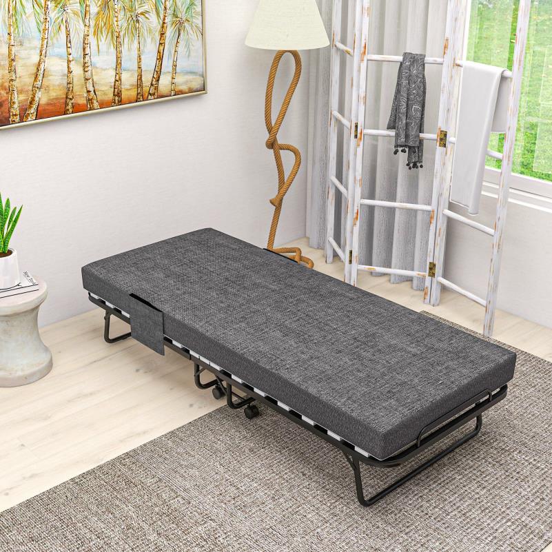 Opklapbed – Vouwbed – Logeerbed – Slaapbank – Bedbank – Donkergrijs – Met Zijvak – 10 cm Dik Matras – Ruimtebesparend Design