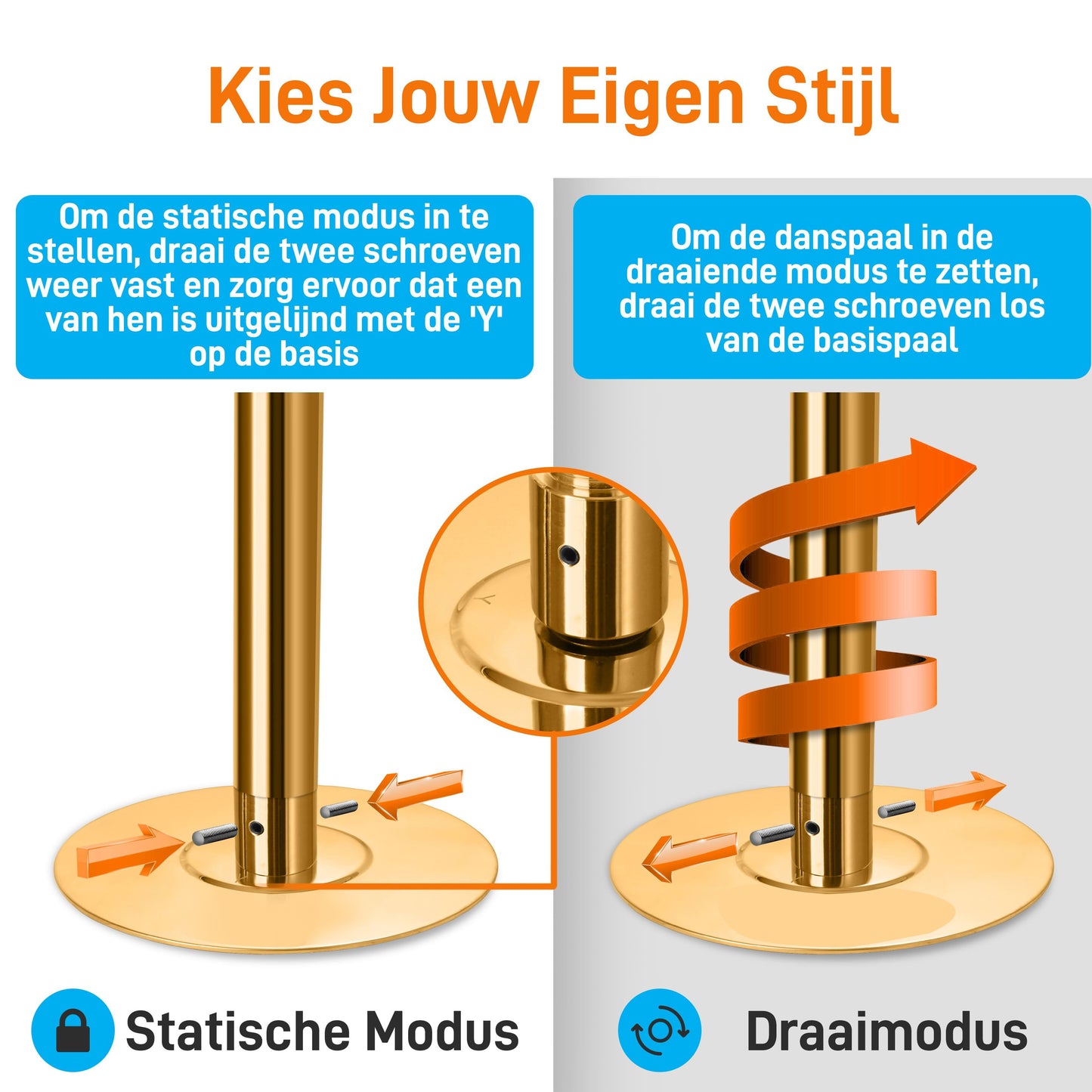 Danspaal – Pole Dance Paal – Standaard Danspaal – Fitnesspaal – Draaibare Paal – Verstelbare Hoogte 203-274 cm – Gouden Roestvrij Staal