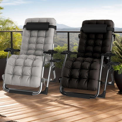 Inklapbare Loungestoel – Campingstoel – Tuinstoel – Balkonstoel – Relaxstoel – Verstelbare Rugleuning – Uitneembare Kussens – Stevig Metalen Frame – Inclusief Hoofdsteun en Zijtafel – Silvery 65 cm