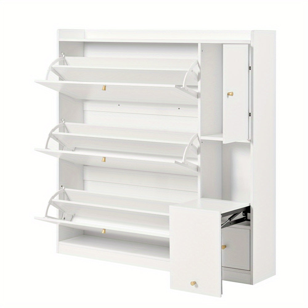 Modern White Multifunctional Tilting Shoe Cabinet with 3-Tier Folding Drawers & Bench - Freestanding Entryway Storage with Space-Saving Design, Space-Saving Shoe Rack, Durable Non-Wood Construction for Hallway, Foyer, Small S
