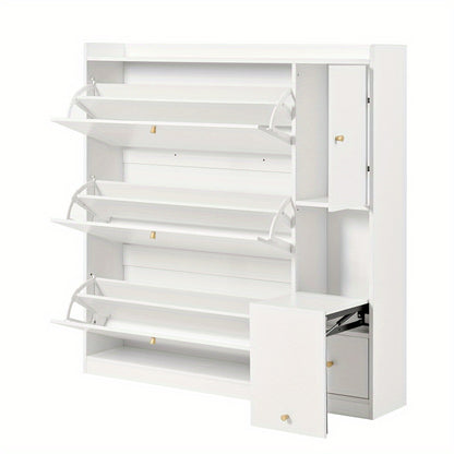 Modern White Multifunctional Tilting Shoe Cabinet with 3-Tier Folding Drawers & Bench - Freestanding Entryway Storage with Space-Saving Design, Space-Saving Shoe Rack, Durable Non-Wood Construction for Hallway, Foyer, Small S