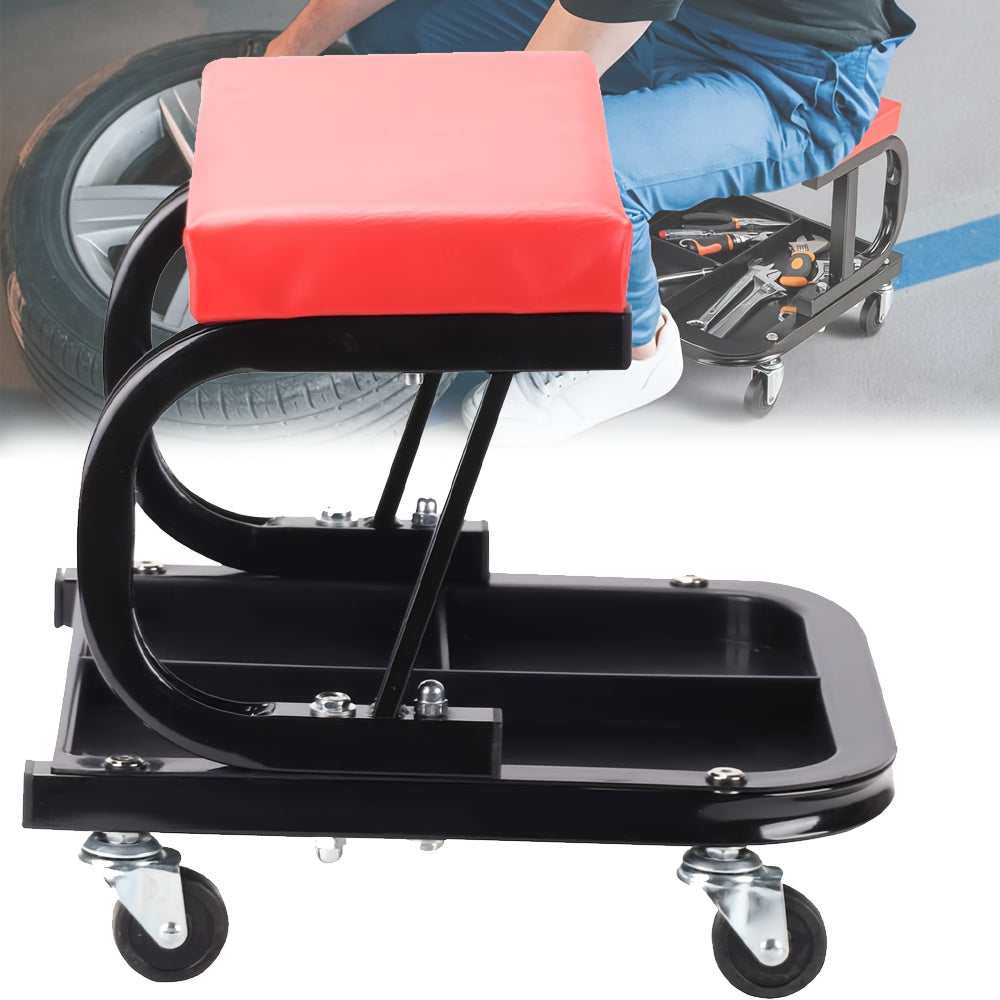 Werkkruk Garagekruk Werkstoel Werkbank Krukje – Mobiele Zwenkwielen Gereedschapbak – PU Lederen Zitkussen – Robuust IJzeren Frame – 36x37x33,5 cm – 360° Draaibaar