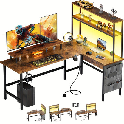 Gaming bureau – Game bureau – Gaming desk – Hoekbureau – PC bureau – L-vormig – LED verlichting – Verstelbare monitorstandaard – Zwart – 100x150x74 cm – Stevig staal frame