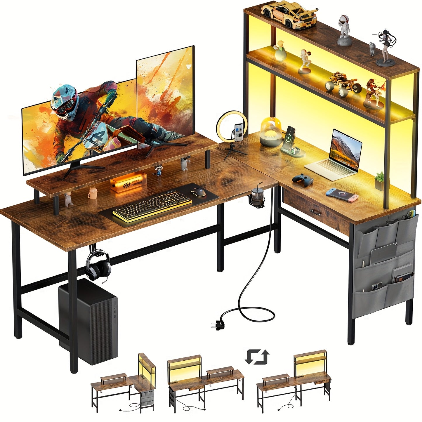 Gamingbureau – Game Bureau – Gaming Desk – Computertafel – Hoekbureau – L-vormig – LED Verlichting – Verstelbare Monitorstandaard – 100x170x74 cm – Zwart