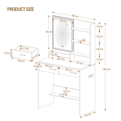 Makeuptafel – Kaptafel – Vanity – Schminktisch – Dressing Table – Met LED-verlichting – 2 Stopcontacten en 2 USB-poorten – 2 Lades en 4 Open Planken – Wit