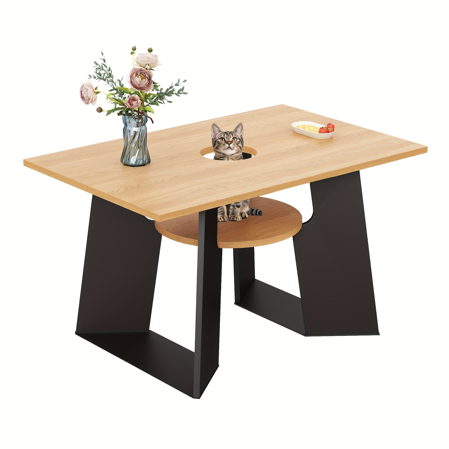 Pet-Friendly Modern Dining Table with Storage Shelves & Pet Area - Heavy-Duty Metal Frame, Natural Wood Grain & Black Contemporary Design, Space-Saving Rectangular Kitchen Table for 6, Easy Assembly, Durable & Easy-Clean Surf