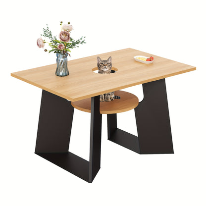 Pet-Friendly Modern Dining Table with Storage Shelves & Pet Area - Heavy-Duty Metal Frame, Natural Wood Grain & Black Contemporary Design, Space-Saving Rectangular Kitchen Table for 6, Easy Assembly, Durable & Easy-Clean Surf