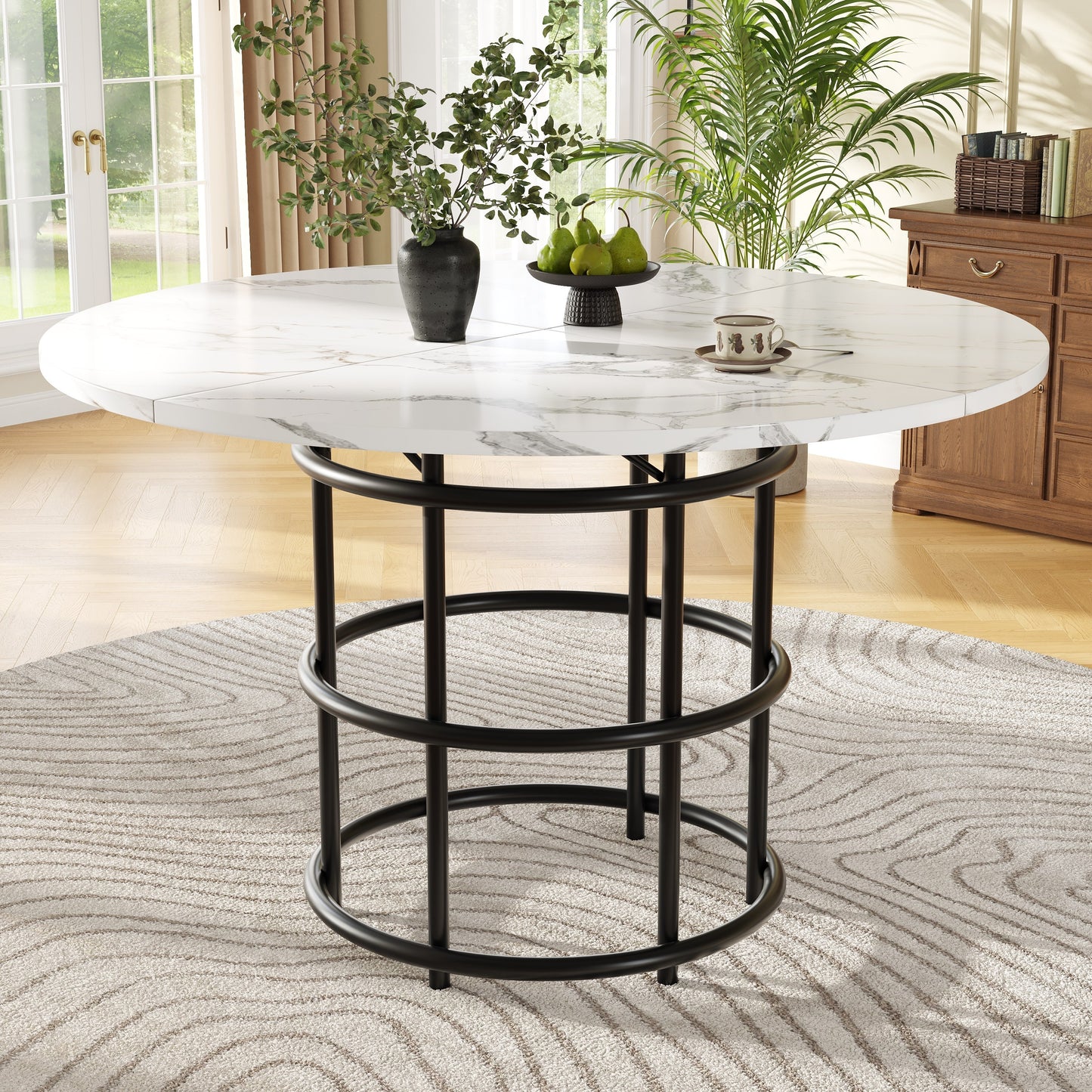 Ronde Eettafel – Eettafel Rond – Keukentafel – Tafel Marmerlook – Eettafel Metaal Zwart – 100 cm Diameter – Verstelbare Poten