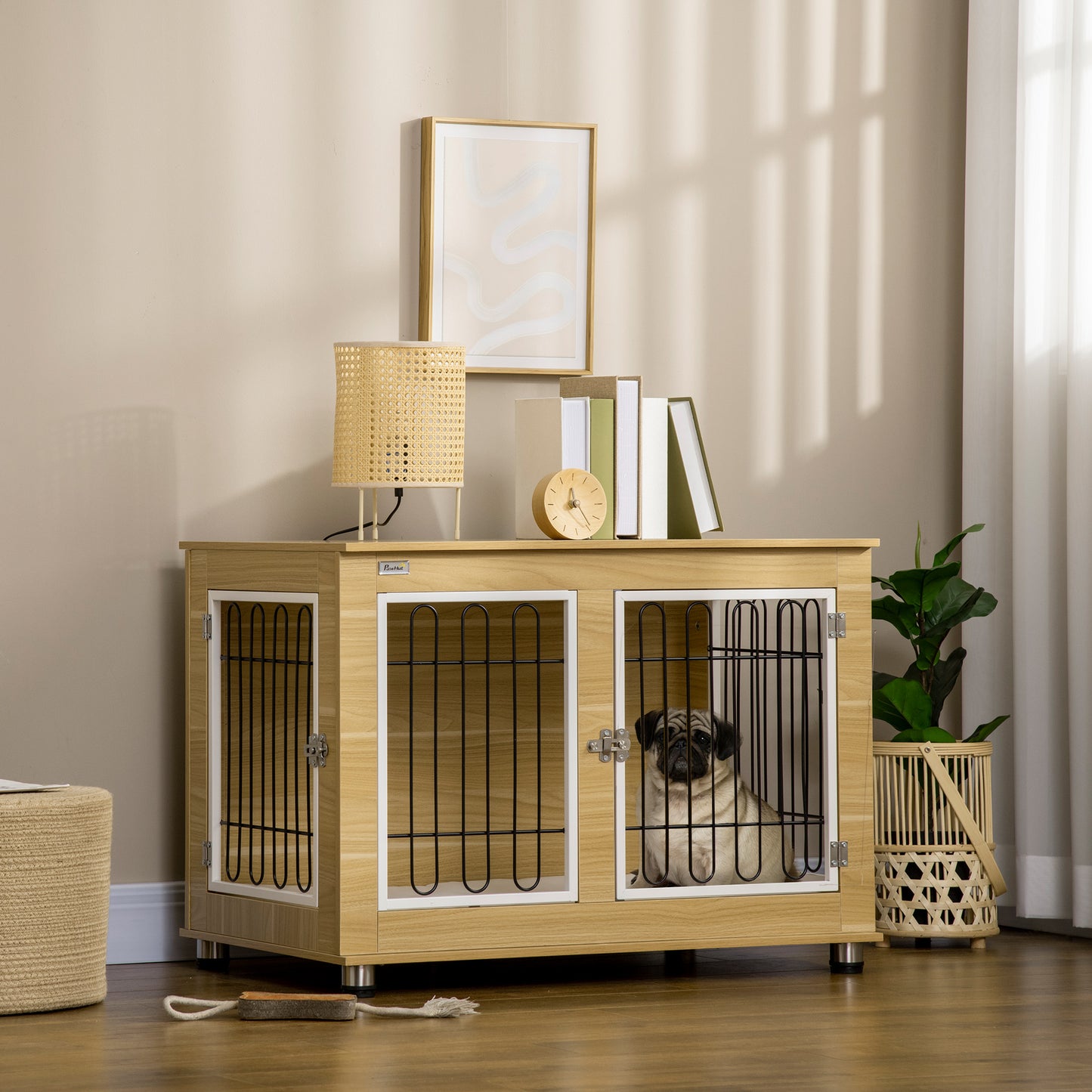 Hondenbench – Hondenkooi – Hondenrek – Dierenkooi – Hondenhok – Op Pootjes – Met Uitneembaar Kussen – Houtlook Staal – 90x58x65 cm – Voor Kleine Honden