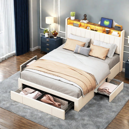 Tweepersoonsbed – Dubbelbed – Queensize Bed – Slaapbank – Bedframe – Fluwelen Bedframe – 160x200 cm – LED Verlichting en USB Poort – 4 Opbergladen