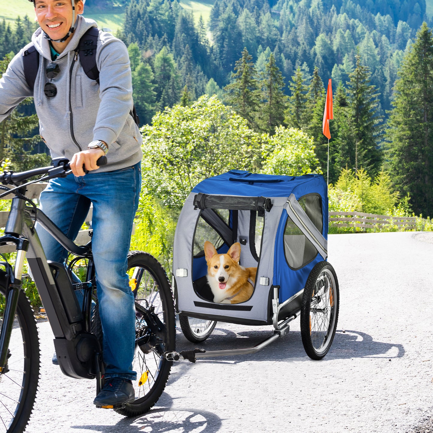 Fietskar Hond – Hondenfietskar – Hondenkar – Fietsaanhanger – Dierenkar – Stalen Frame – Waterdicht Oxford Polyester – Max 30 Kg – Wit Blauw – Met Reflectoren en Vlag