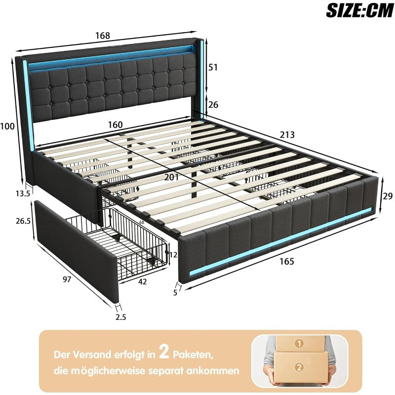 YCZ Bed Frame with Storage Space, Double Headboard Upholstered Bed with LED and USB, Storage Bed with 4 Drawers and Mattress, for Adults, BCDE