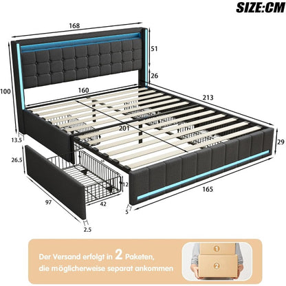 YCZ Bed Frame with Storage Space, Double Headboard Upholstered Bed with LED and USB, Storage Bed with 4 Drawers and Mattress, for Adults, BCDE
