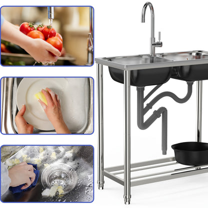 Double sink stainless steel sink with 2 basins, standalone kitchen sink with hot and cold water faucet and drainage kit, suitable for garden and camping