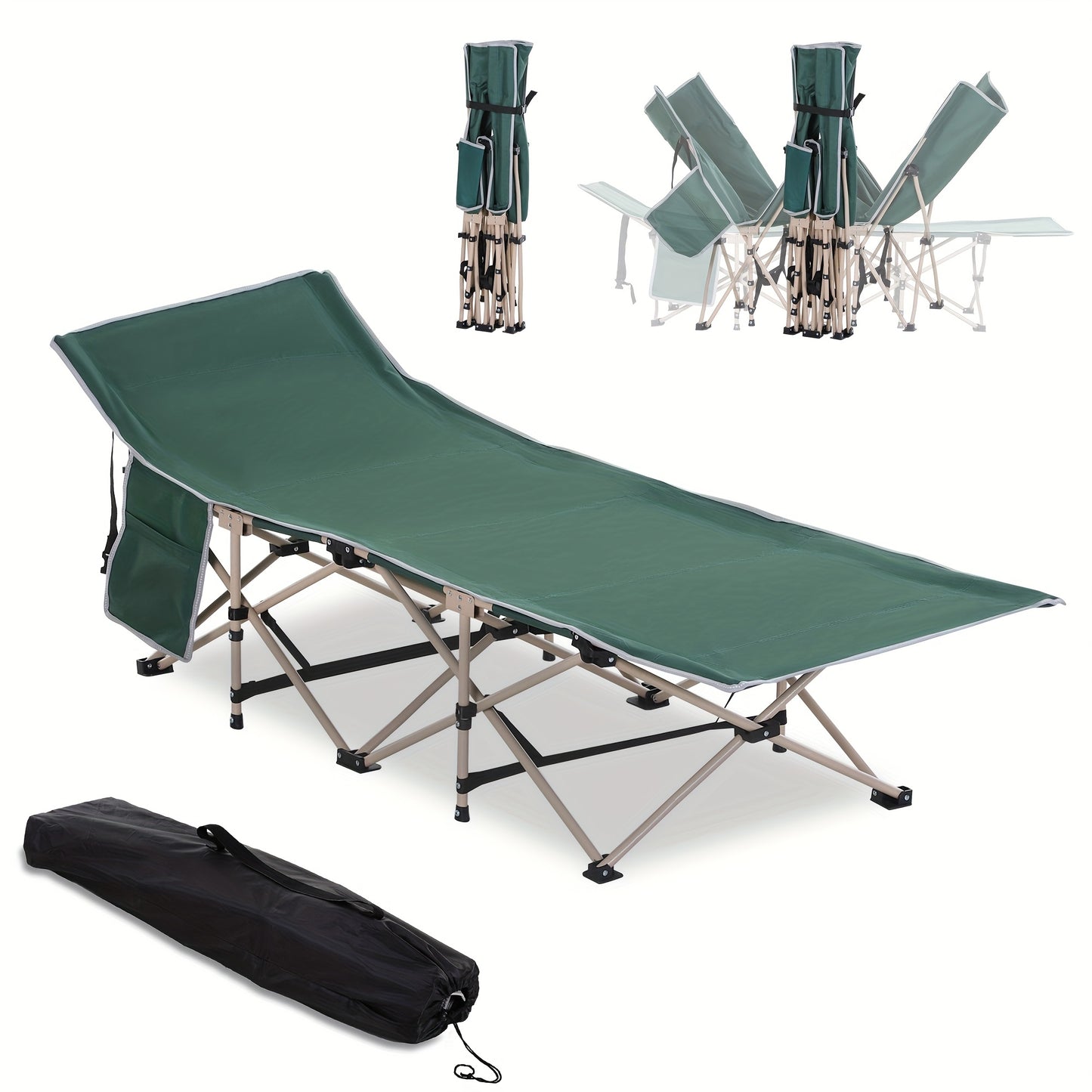 Campingbedje – Reisbedje – Vouwbed – Buitenbed – Opvouwbaar – Lichtgewicht Draagtas – Stabiel Oxford Staal – 190x68x52 cm Groen