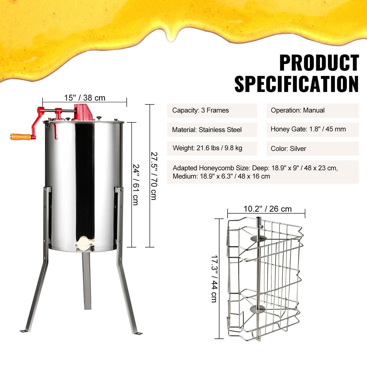 Honingspinner – Honingcentrifuge – Honingextractor – Bijenwasspinner – Bijenhouder Uitrusting – RVS Materiaal – Verstelbare Hoogte