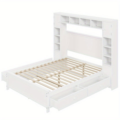 Bedframe – Tweepersoonsbed – Opbergbed – Ladebed – Slaapbank – Moderne Witte Kleur – 4 Lades & Kast – Lattenbodem 3,56x5,08 m – Ruimtebesparend Ontwerp